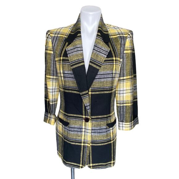 90s Yellow and Black Plaid Blazer Jacket size S/M - Picture 1 of 7